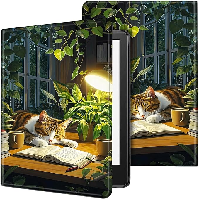 for Kindle Paperwhite Case,6.8" Kindle Paperwhite 11th Generation Case and Kindle Paperwhite Signature Edition,Leather Slim Adjustable Stand Cover with Auto Wake/Sleep,Cute Cat Plant