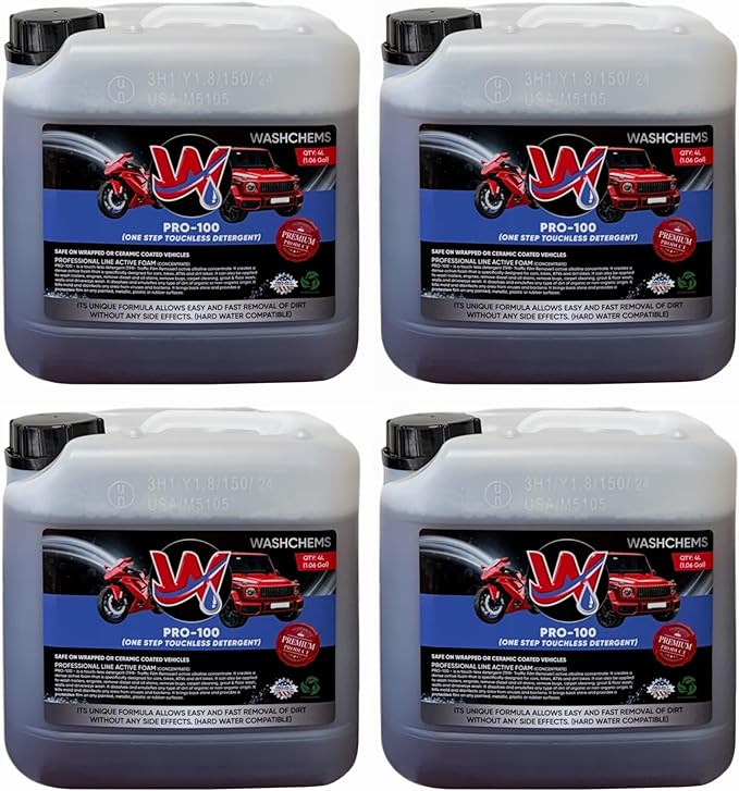 Wash Chems Pro 100 Touchless One Step Car Wash Detergent Soap Concentrate (1 Gal, 128 oz) No Brushing (Heavy-Duty) Commercial Grade Professional Cleaner Great for Trucks & Tractors (4, 1 gallon)