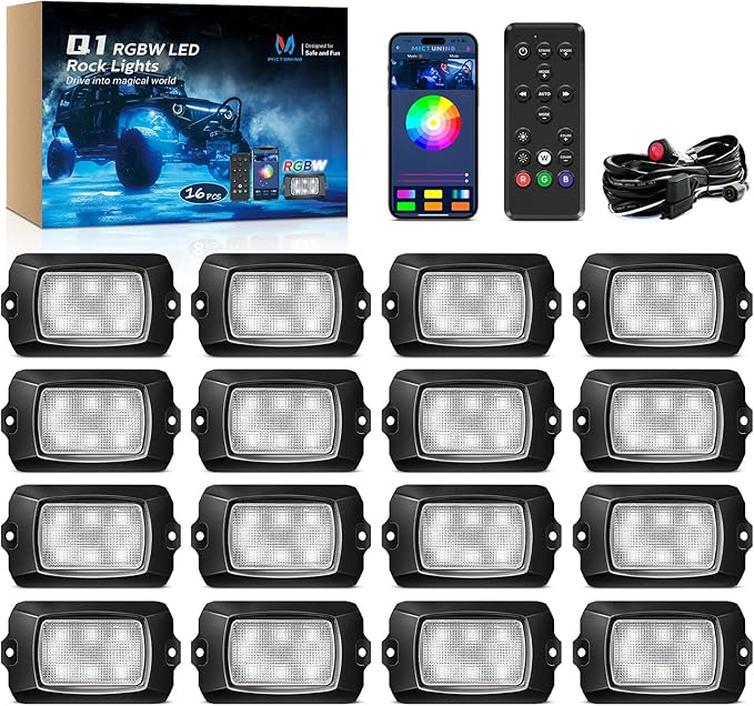 MICTUNING Q1 RGBW LED Rock Lights, APP & Remote Dual Control, 16 Pods Pure Color Underglow Neon Lighting with Wiring Switch Kit for Trucks Cars ATV UTV Golf Carts (2 Year Warranty)