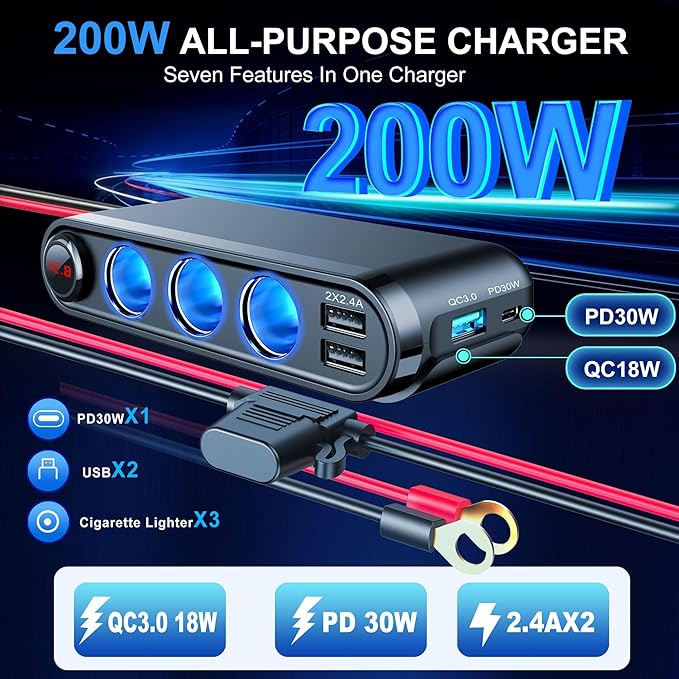 EUGIZMO 12V Cigarette Lighter Socket Splitter, 200W 3 Socket Multi Port Car Cigarette Lighter Adapter Plug Splitter USB Charger Auxiliary 12 Volt Power Outlet with Eyelet Terminal