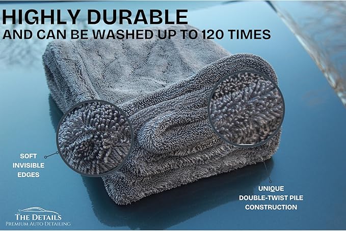 The Details Microfiber Car Drying Towel 36"x24" 1,400 GSM, Extra-Large, Ultra-Absorbant Edgeless Microfiber Drying Towel for Cars and Trucks etc, Charcoal Grey