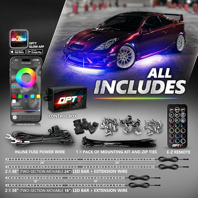 OPT7 Aura Pro Underglow LED Lights Kit for Cars with APP & Remote Control, RGB Multicolor Modes, Music Sync, Waterproof Rigid Aluminum Light Bar, Exterior Neon Accent Underbody Lighting, Car Gifts