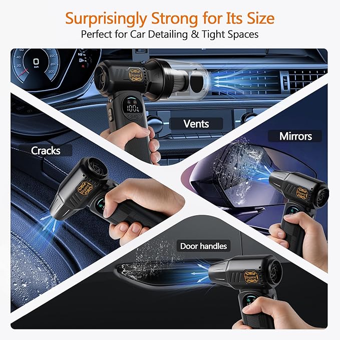 Compressed Air Duster, Super Power Turbo Air Blower with Vacuum Function, Cordless 2-in-1 Cleaning Tool, 8000mAh Battery, LED Light for PC Keyboard Car Cleaning (Black)