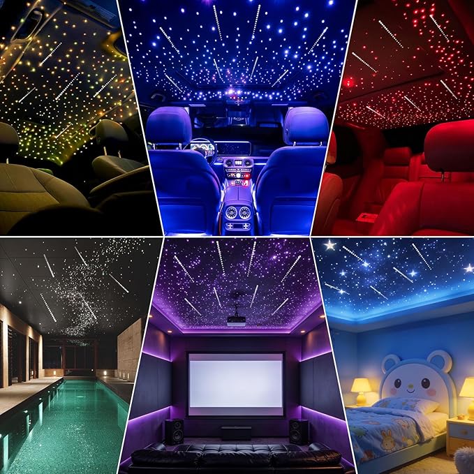 Starlight Headliner Kit 600 Piece Twinkle 0.03in(6.5ft/2m) with White Meteor Fiber Optic Light Kits Car Roof Lights RGBW Music Activated/APP Control Star Lights for Car Theater Game Bed Room Ceiling