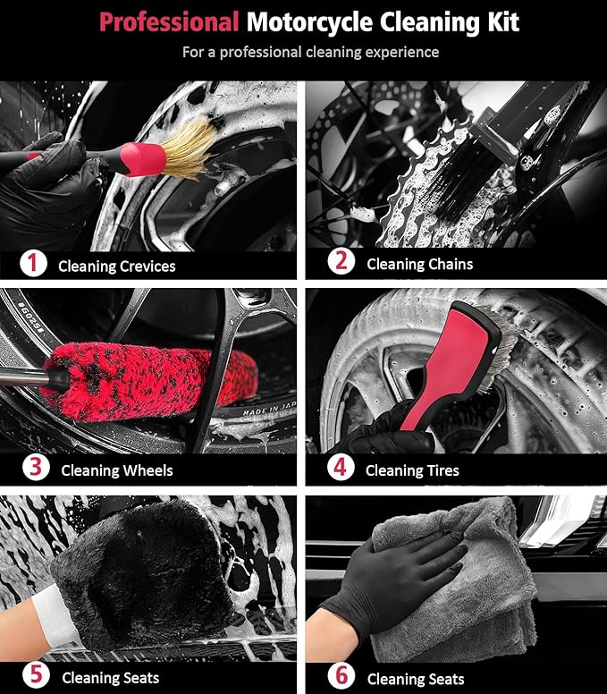 YeewayVeh 6PCS Motorcycle Cleaning Kit with Boar Hair Detailing Brush-Pro Safe for Chrome,Chain, Tire & Engine, Bendable Wheel Brush, Tire and Chain Brush, Wash Mitt & Microfiber Towel for Dirt Bike