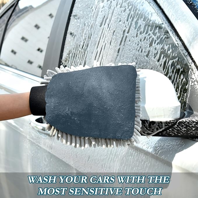 Qilmy Navy Blue Microfiber Chenille Car Wash Sponge Scratch Free Car Wash Mitt Absorbent Mitt Sponge for Trucks SUVs Car Washing Home Cleaning, Medium