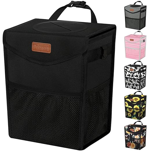 Pritent Car Trash Can with Lid, Cute Leakproof Car Trash Garbage Bag Hanging Vehicle Trash Bin Small Portable Automotive Garbage Cans Organizer for Back/Front Seat/Console(2.8 Gallons,Black)