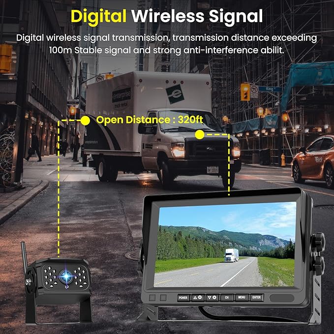 Hodozzy Wireless Backup Camera System Kit, 7 Inch IPS Reversing Monitor with IP68 Waterproof, Quad Split Recording, Night Vision, Manual Zoom,4 Backup Cameras for RV Truck/Trailer/Pickup/Camper