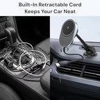 IJS Magnetic Wireless Car Charger with Built-in Retractable Cable – Extendable Windshield & Dashboard Phone Mount – 15W Magsafe Compatible – Fast Charging for iPhone 17/16/15/14/13/12, Samsung, Pixel