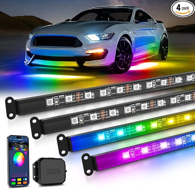 MICTUNING N3 Car Underglow Light Strip Kit, Chasing Dream RGB+IC LED, Exterior Lighting Accessories Underbody Multicolor Neon Accent Light Bar, App Control, IP68 Waterproof, 4PCS 2 Years Warranty
