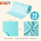 Napjoy Microfiber Cleaning Cloth Roll, 75PK Easy Tear Away Reusable Paper Towels, 12" x 12", Lint-Free and Scratch-Free with Patented Fiber Technology Microfiber Towel Roll, Blue