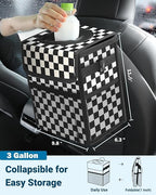 Capolo Car Trash Can with Lid, Leakproof Car Trash Bag Hanging Waterproof Automotive Garbage Can with Storage Pockets Mini Vehicle Trash Bin for Back/Front Seat(Black Checkerboard,3 Gallon)