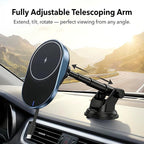IJS Magnetic Wireless Car Charger with Built-in Retractable Cable – Extendable Windshield & Dashboard Phone Mount – 15W Magsafe Compatible – Fast Charging for iPhone 17/16/15/14/13/12, Samsung, Pixel