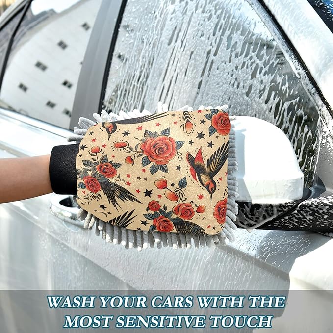 Kigai Bird Rose Car Wash Mitt 2PCS Ultra Absorbent Chenille Microfiber Car Washing Glove Scratch Free Lint Free Wash Sponge Auto Cleaning Glove, 11.8x8.1 inch
