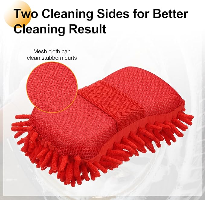 HARFINGTON Car Wash Sponge 8.7" x 4.3" Chenille Microfiber Mitt Scratch-Free Absorbent Scour Scrubber Cleaning Sponge for Washing Detailing on Cars, Trucks, SUV, Boats, RVs, Red