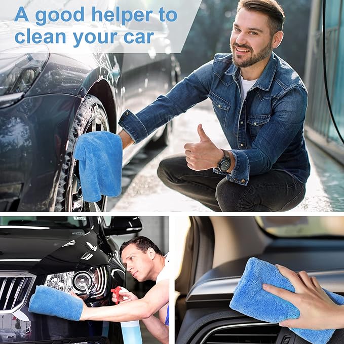 Shimeyao 30 Pcs Edgeless Microfiber Plush Towels for Cars Detailing Drying Wash Polishing Absorbent Cleaning Cloths, 500 GSM (16 x 16 Inch,Light Blue)