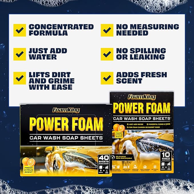 Foam King Car Wash Soap Strip (40ct = 20 Car Washes) - Concentrated Car Cleaning Soap Sheet, No Plastic Bottle - For Foam Cannons Guns, Bucket Wash. Safe for Cars, Trucks, Motorbikes - Citrus Scent