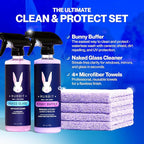 Bunny Buffer Bundle, Waterless SiO2 Ceramic Car Wash & Protect Kit with Auto Body Clean and Protect Spray, Glass Cleaner, & 4 Microfiber Towels, Spray and Wipe Car Detailing Kit, 6 Piece Set