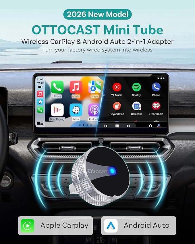 OTTOCAST Mini Tube 2026 Wireless CarPlay & Android Auto Adapter, Plug & Play for iPhone & Android, Seamless Auto-Connect, Stable Performance, Premium Aluminum Design