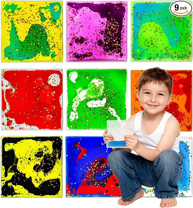 Squishy Liquid Sensory Gel Tiles 9 Packs - Square Sensory Fidget Toys for Stress Relief, Sensory Play & Portable Fun, Washable Sensory Floor Tiles for Kids in Home, Classroom, Travel