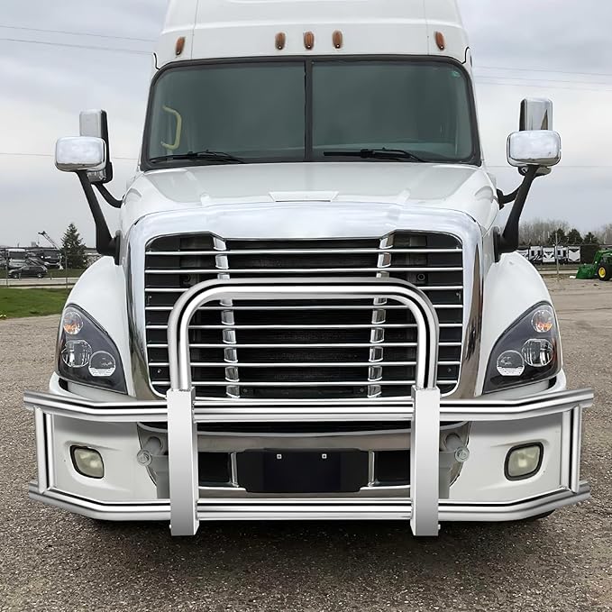 DNA MOTORING Front Bumper Brush Bull Bar Deer Guard Compatible with Freightliner Cascadia 2008-2017, 3mm Thick Iron Tubing, Polished Chrome, DG-G-002-SS+BKIT-DG-004