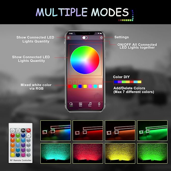 42" Curved RGB LED Light Bar 2X 4 Flood LED Pods with Chasing RGB Halo 16 Solid Colors Offroad Driving Fog Lights with Switch Wiring Harness