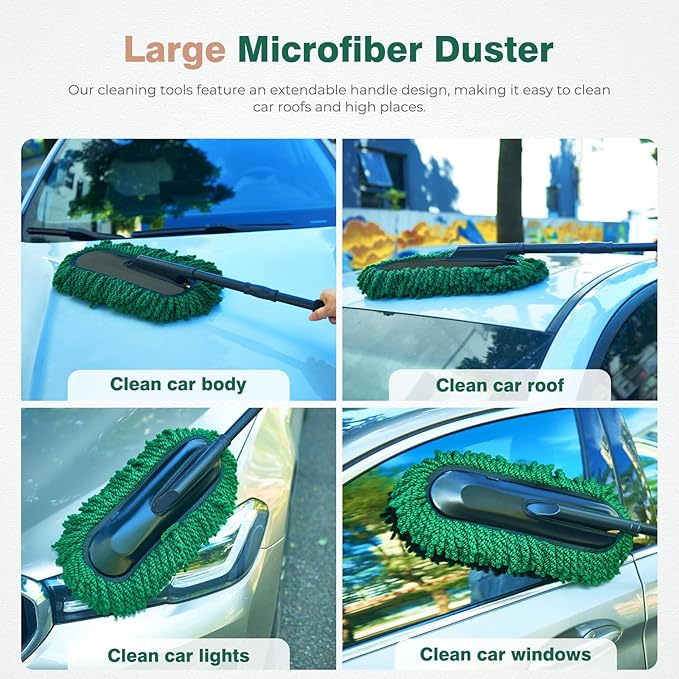 FLORICH Large Microfiber Car Duster Kit, Extendable Car Duster Exterior Scratch Free, Car Cleaning Brush Car Interior Detailing Kit, Car Cleaning Supplies for Cars RV Truck Boat