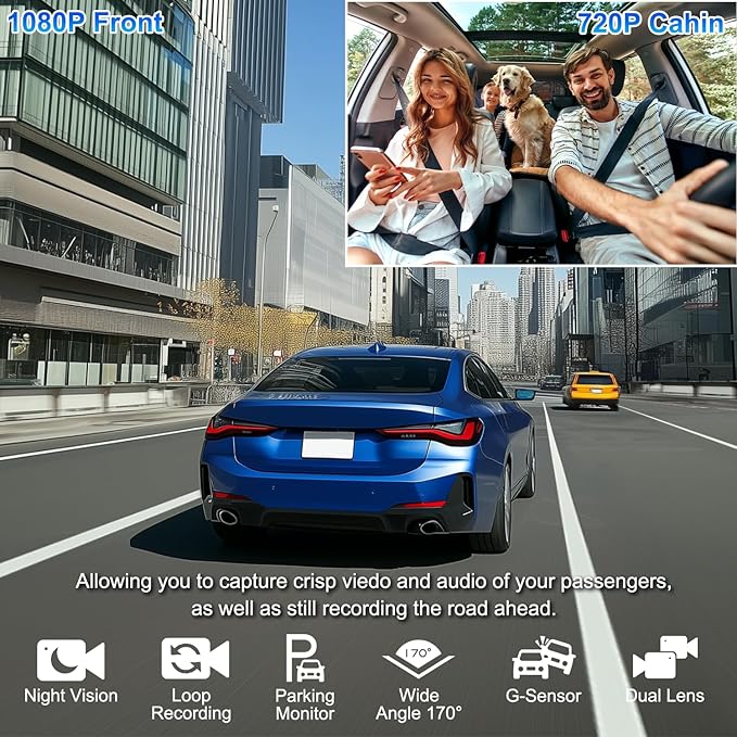Dual Dash Cam Front and Inside, 1080P Dash Camera for Cars Dashcam with 32G Card, 24H Parking Monitor, Night Vision, G-Sensor, Loop Recording Car Camera for Taxi Truck Driver