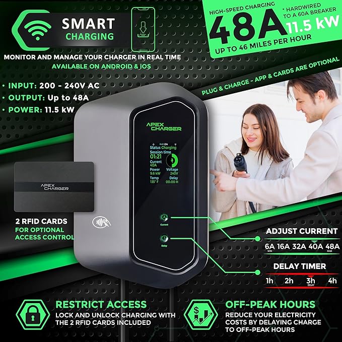 MACH 1: Fast 48 Amp Level 2 EV Charger, Wall-Mount Electric Vehicle Charging Station, 200-240V Hardwire or NEMA 14-50. J1772 car Connector & Tesla NACS, Indoor/Outdoor, 30ft Cable evse Adapter