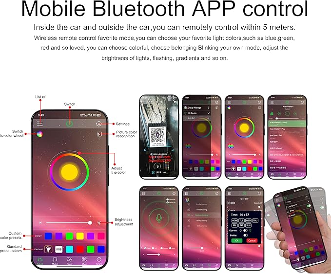 4 m Optic Fiber Car Ambient Lighting Kit Bluetooth App Control 64 Colors Multicoloured Music Interior Lighting Kit 12V 1W