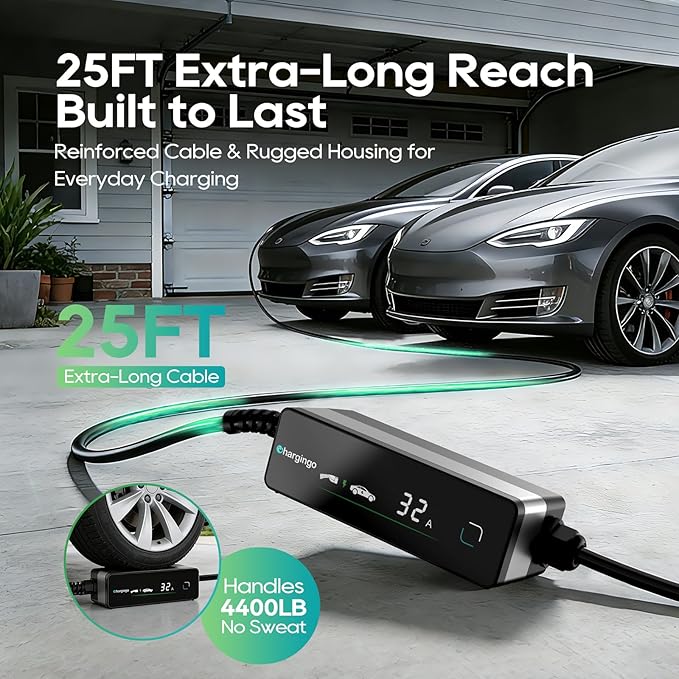 Level 2 EV Charger for SAE J1772 E, 32A 240V Portable EV Charger with NEMA 14-50 Plug, 25FT Cable, Adjustable 16A-32A, LCD Display, Plug-and-Play Fast Charging Station for Home/Outdoor