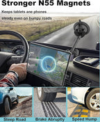 Heavy Duty Magnetic Tablet Mount for Truck Dashboard Windshield, Long Arm Suction Cup Car Mount for iPad Pro Air Mini 4–11'', MagSafe Holder for SUV Van Pickup iPhone 16/15 Galaxy