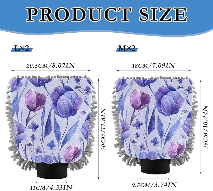 Kigai Purple Flowers Car Wash Mitt 2PCS Ultra Absorbent Chenille Microfiber Car Washing Glove Scratch Free Lint Free Wash Sponge Auto Cleaning Glove, 10.2x7.1 inch