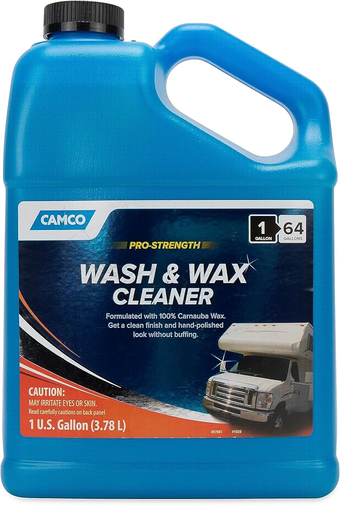 Camco Wash & Wax Cleaner for RVs, Trailers, and Vehicles - Contains 100% Carnauba Wax |Provides a Clean Shiny Finish Without Buffing| Waterproof Resistant Beading Action - 1 Gallon (40498)