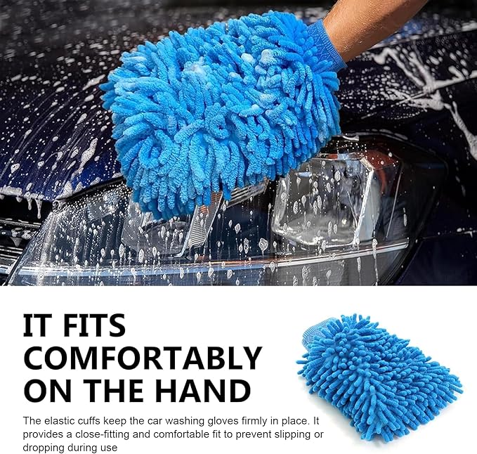 MLY Microfiber Car Wash Mitt, Double-Sided Plush Green Mitt Kit Cleaner, Car Wash Mitt Scratch Free for Car Washing and Home Cleaning (7.12" x 10.14" # Blue)