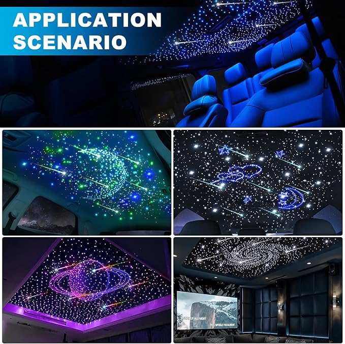 Split Car Starlight Headliner Kit, 4 Colors 12W Meteor Fiber Optic Star Ceiling Lights, 1000pcs*0.02in*9.8ft+240 RGBW Shooting Stars Lights for Car Home Theaters Roof Décor