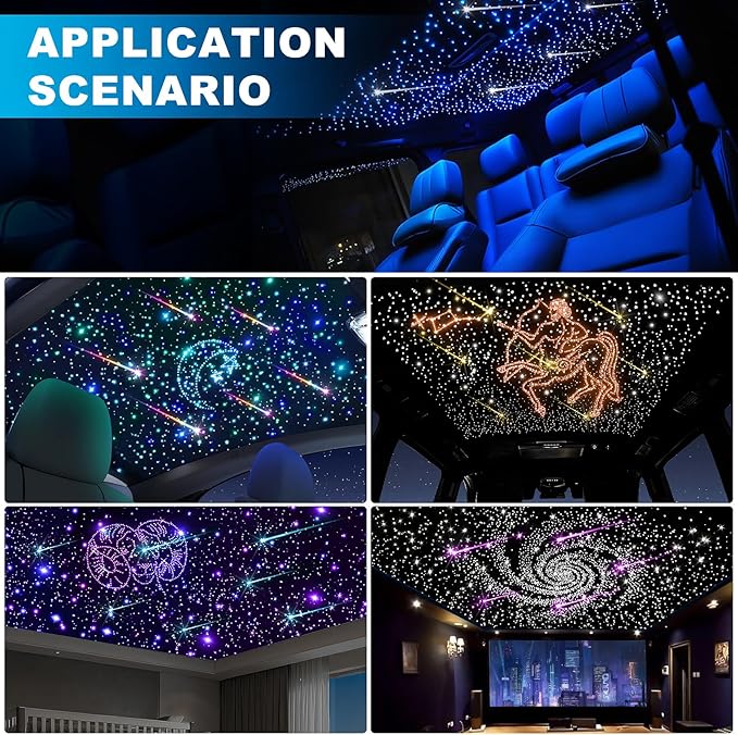 4 Colors 32W Twinkle & Meteor Car Starlight Headliner Kit, 2-in-1 Light Engine 500pcs*0.03in*13.1ft+240 RGBW Fiber Optic Cable Ceiling Star Lights, Shooting Star Roof Lights for Car Home Theater