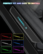 LED Door Sill Lights for Tesla Model 3 2017-2025 Accessories, ABS Scratch-Resistant Sill Protector with 7-Color RGB Lighting, Battery Powered Model 3 Pedal Mood Lamp, Carbon Fiber, 4PCS