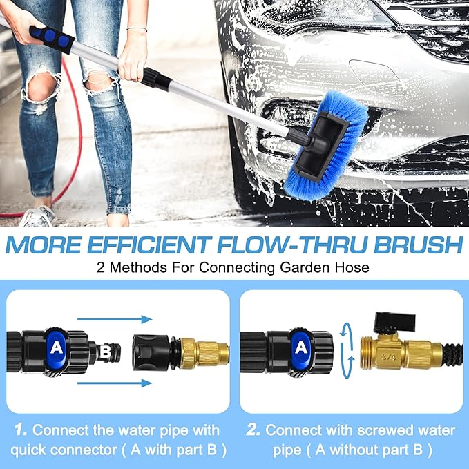 Lezcufer 65" Car Wash Brush with Long Handle, Car Wash Mop, Flow-Thru Soft Bristle Car Washing Brush with Extendable Handle and Hose Attachment for Car, SUV, Truck,RV, Boat