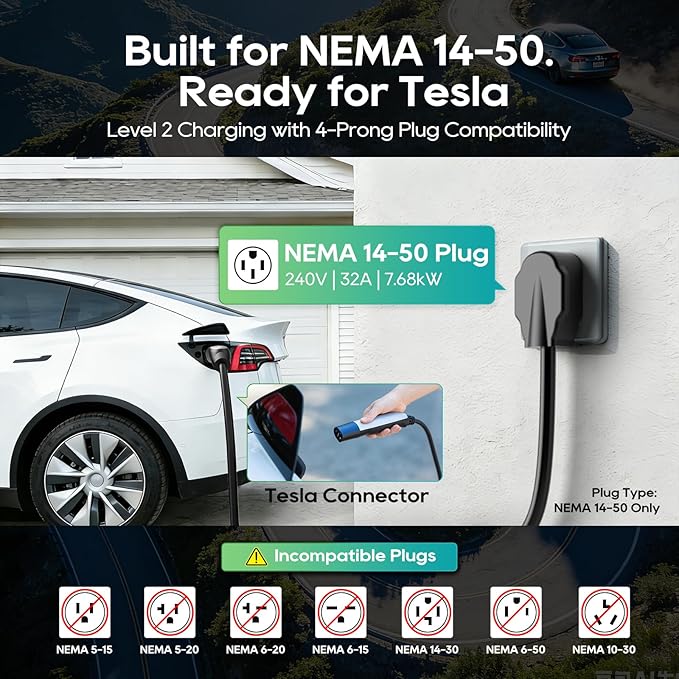 Level 2 EV Portable Charger for Tesla, 32A 240V ETL Certificated,NEMA 14-50,NACS Connector, 25FT Cable, Adjustable 16A-32A, LCD Display, Plug-and-Play Fast Charging Station for Home/Outdoor