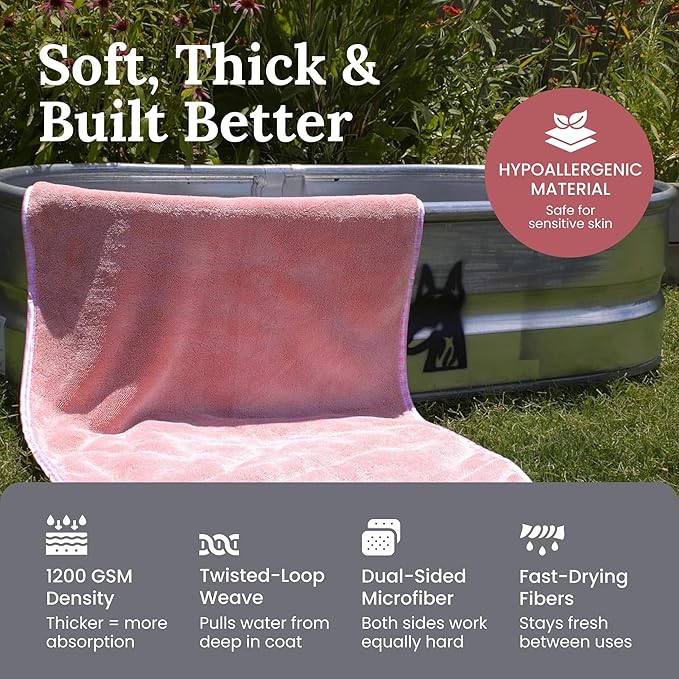 Premium Twisted Loop Drying Towels for Drying Dogs Large 24" x 35" Super Absorbent Microfiber Dog Bath Towel – Quick Dry, Soft – 1200 GSM Pink for Pets, Beach, Camping & Travel