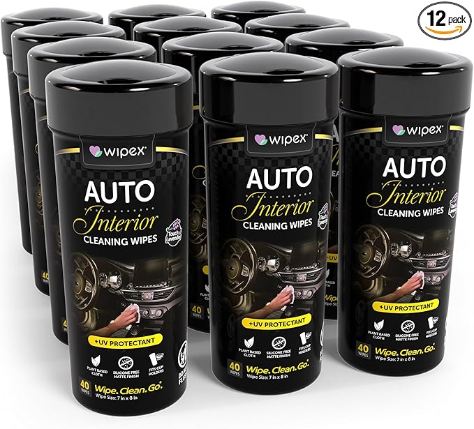 Wipex Auto Interior Car Cleaning Wipes - Plant Based Car Wipes - Lavender Essence, UV Protectant, Safe for Vinyl, Rubber, Plastic, Leather, Chrome, Non-Greasy Matte Finish, 40 Count (Pack of 12)
