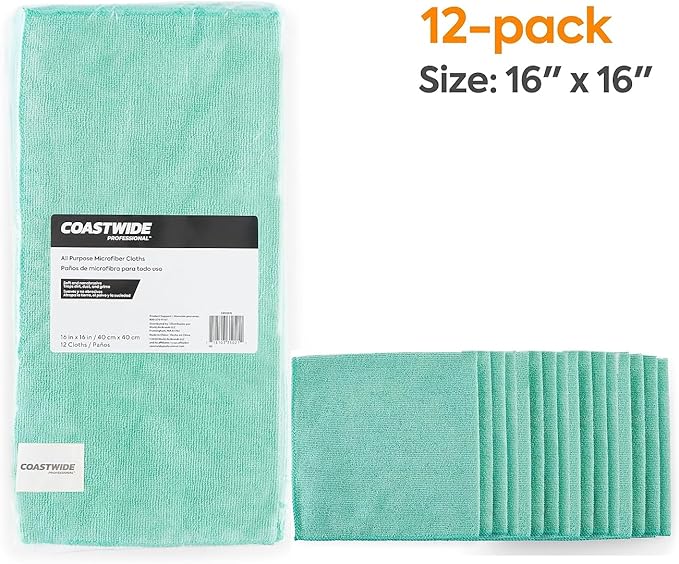 Coastwide Professional Microfiber Wipers, Green, 24/Carton — Reusable, Lint‑Free Cloths for Offices, Facilities & Maintenance Teams