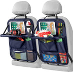 LUCMO Car Backseat Organizer with Tablet Holder-2 Pcs,6 Storage Pockets Car Storage Organizer with Foldable Food Tray,Protectors Kick Mats Travel Accessories-Dark Blue