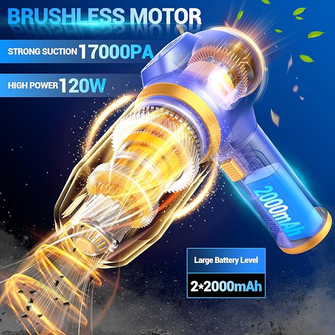 Car Vacuum Portable Cordless 17000Pa Cordless Mini Handheld Vacuums with LCD Display and Multi-Nozzles, High Power Wet and Dry for Car, Home, Office, Pet, Compact and Portable Design