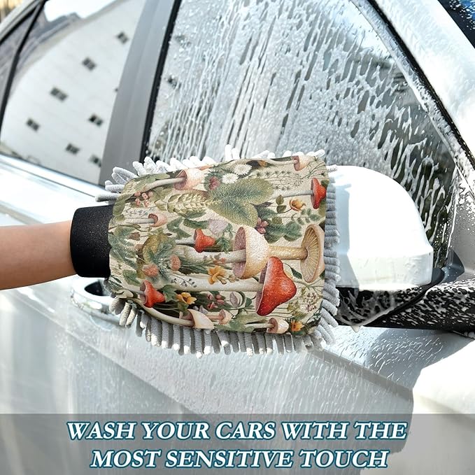 YETTASBIN Mushroom 2PCS Car Wash Mitts, Ultra Absorbent Chenille Microfiber Car Washing Gloves, Scratch-Free Lint-Free Auto Cleaning Mitt, Machine Washable Elastic Cuff Car Wash Sponge