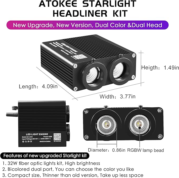 ATOKEE 32W Dual Color Starlight Headliner Kit, Sound Activated Fiber Optic Star Roof Lights with APP/Remote Control, 1000pcs 0.03in 13.1ft