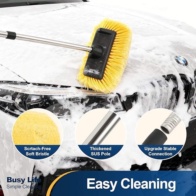 Yocada Five-Sided Car Wash Brush with 61" Long Handle No Scratch 12" Soft Bristle Brush Car Wash Cleaning Mop for Car SUV RV Truck Caravan Boat House Siding Floor