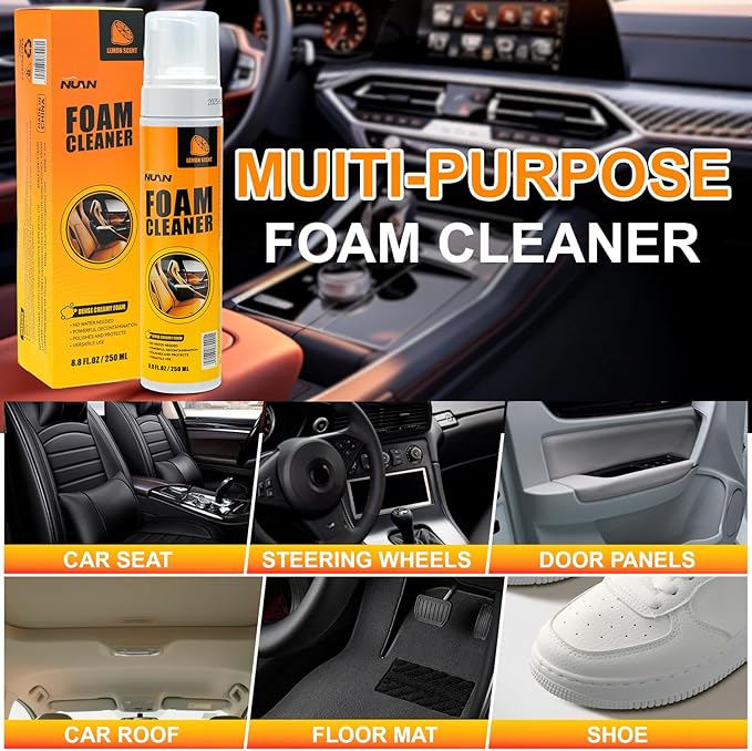 NUAN Foam Cleaner for Car, Lemon Scent Car Interior Cleaner, Safe and Quick Remover Stains Multi-Purpose Foam Spray for Car Steering Wheel, Car Seat, Leather and House, 8.4 FL OZ, 250 ML