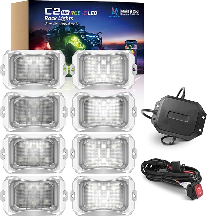 MICTUNING C2 MAX RGB+IC Rock Light with White Housing - 8 Pods Chasing Color Underglow Lights Kit, Dynamic Lighting Modes, APP Control, IP68 Waterproof, DIY Effect, Up to 24pods Extensible